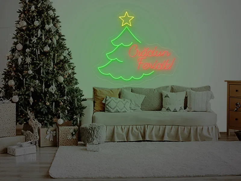 Brad cu mesaj Craciun Fericit - Semn Luminos LED Neon