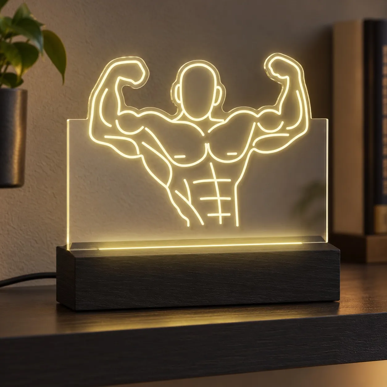 Body Building - Enseigne Lumineuse Gravée en Plexiglas sur Base en Bois