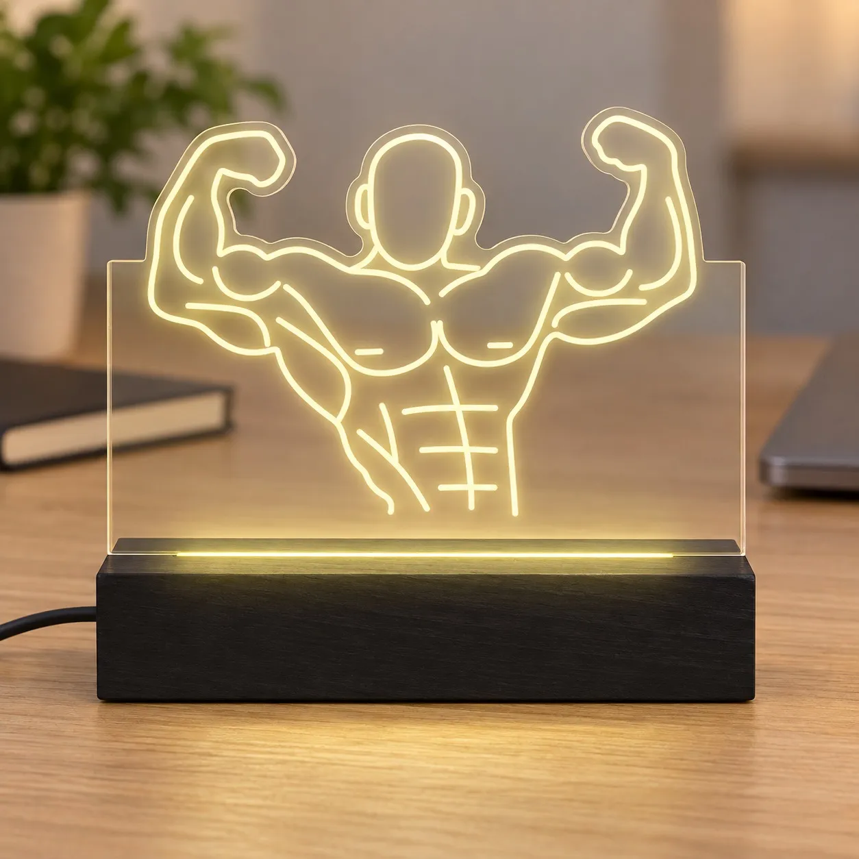 Bodybuilding - Graviertes Leuchtschild aus Plexiglas auf Holzsockel