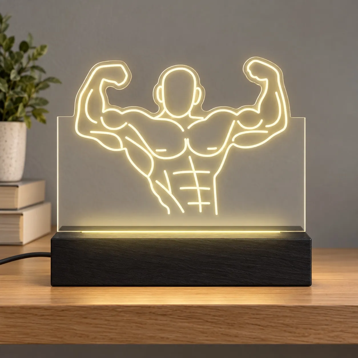Bodybuilding - Graviertes Leuchtschild aus Plexiglas auf Holzsockel