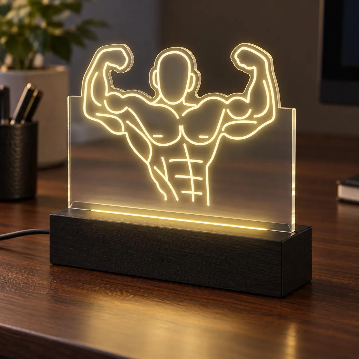 Bodybuilding - Graviertes Leuchtschild aus Plexiglas auf Holzsockel