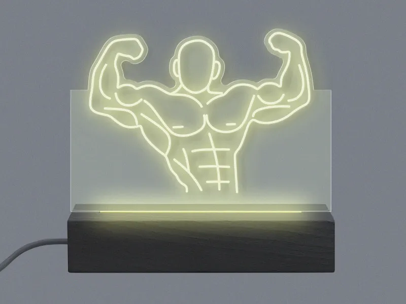 Body Building - Semn Luminos Gravat in Plexiglas pe Baza Lemn