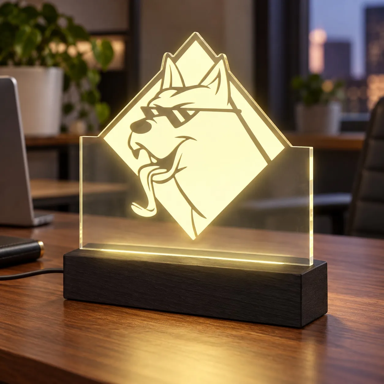 Doge - Graviertes Leuchtschild aus Plexiglas auf Holzsockel