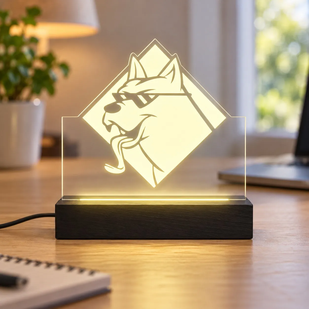 Doge - Graviertes Leuchtschild aus Plexiglas auf Holzsockel
