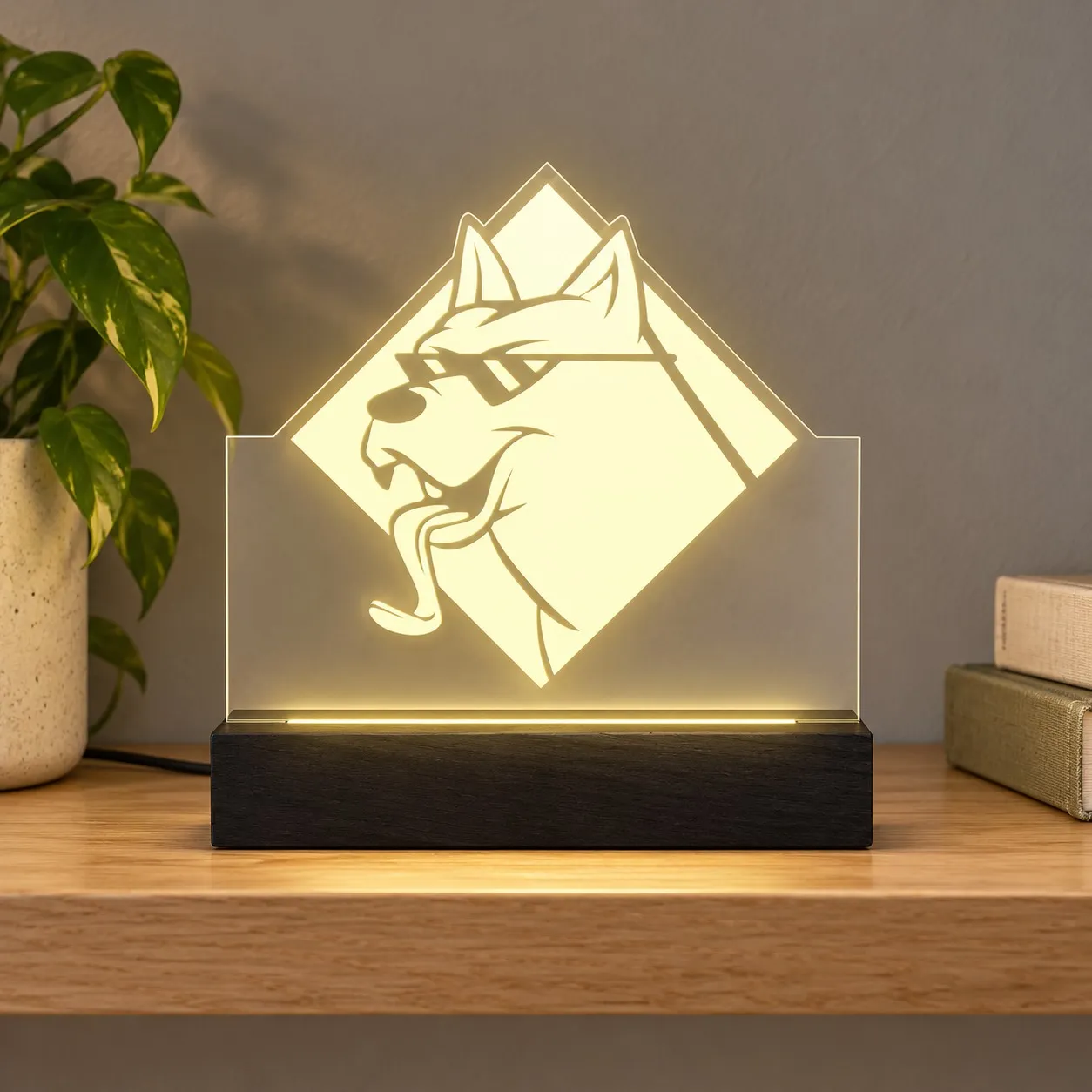 Doge - Graviertes Leuchtschild aus Plexiglas auf Holzsockel