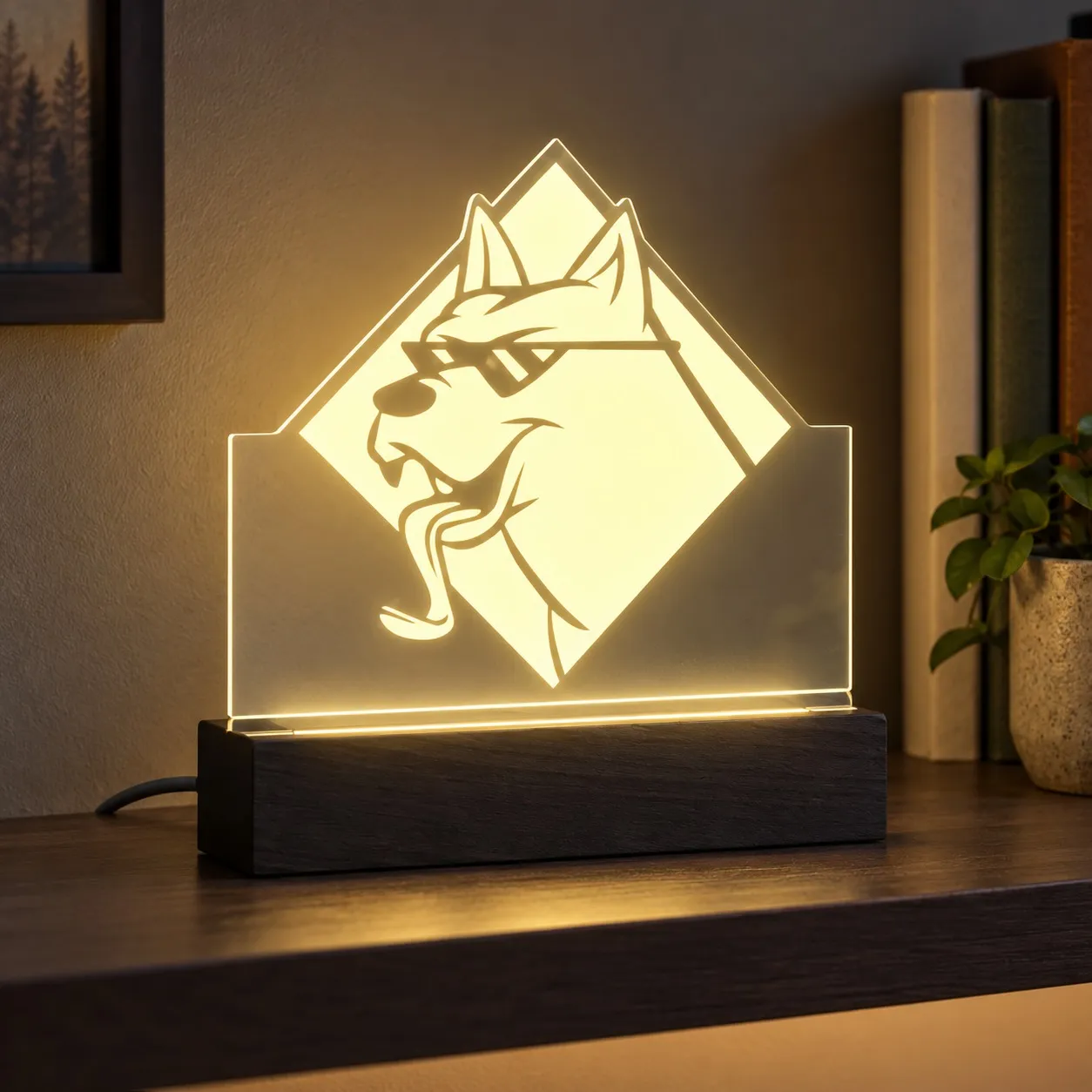 Doge - Graviertes Leuchtschild aus Plexiglas auf Holzsockel