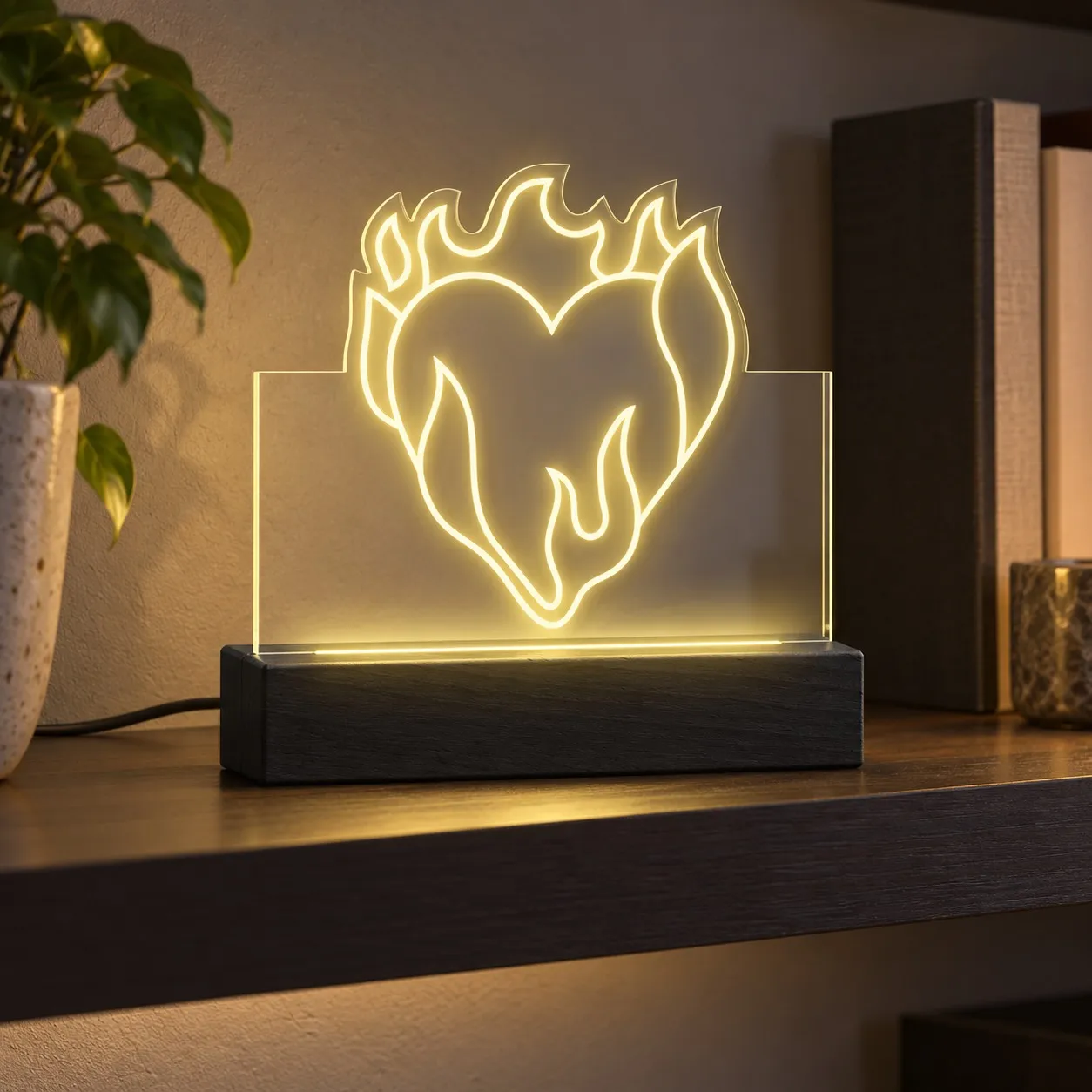 Burning Heart - Engraved Light Sign in Plexiglass on Wood Base