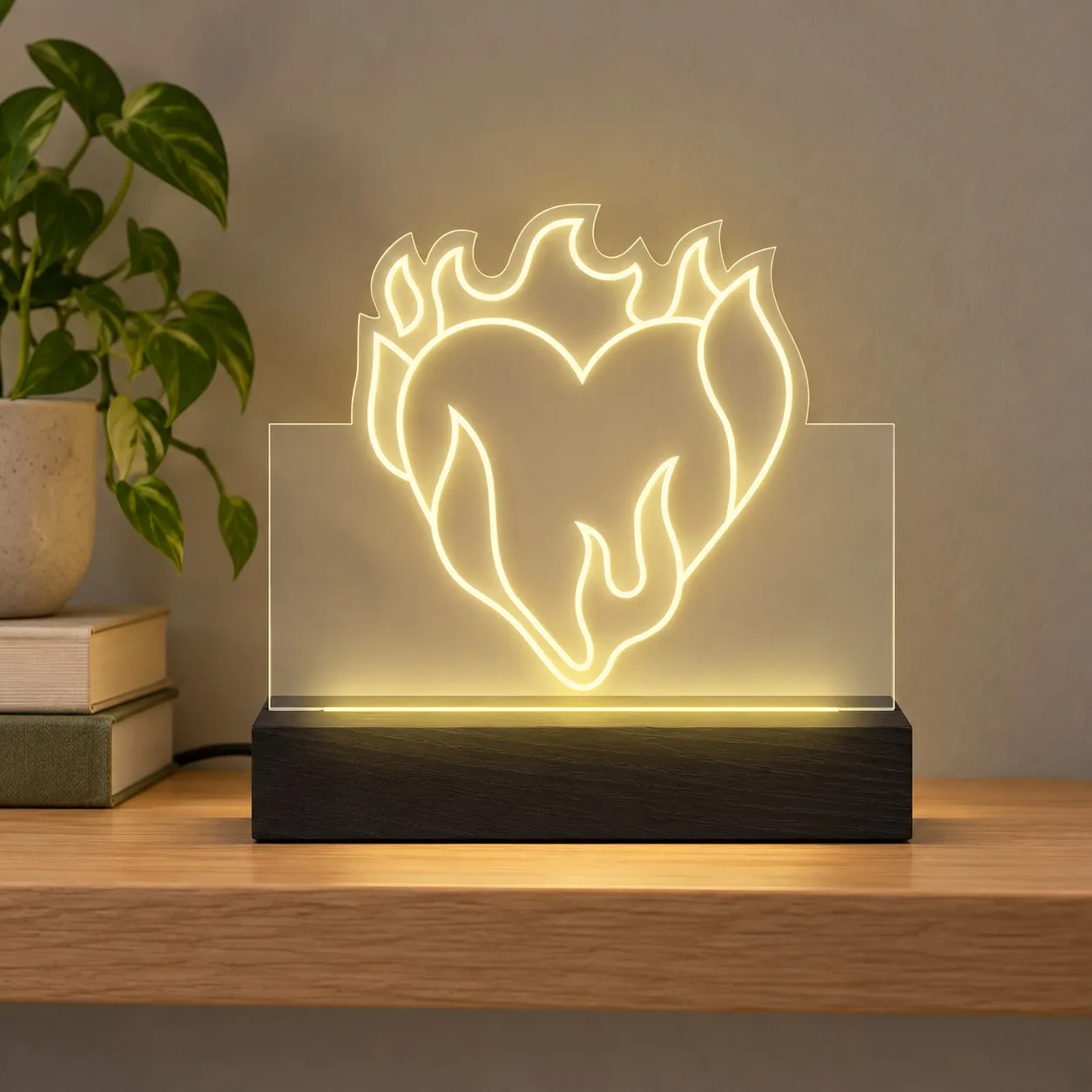 Burning Heart - Leuchtschild Graviert in Plexiglas auf Holzsockel