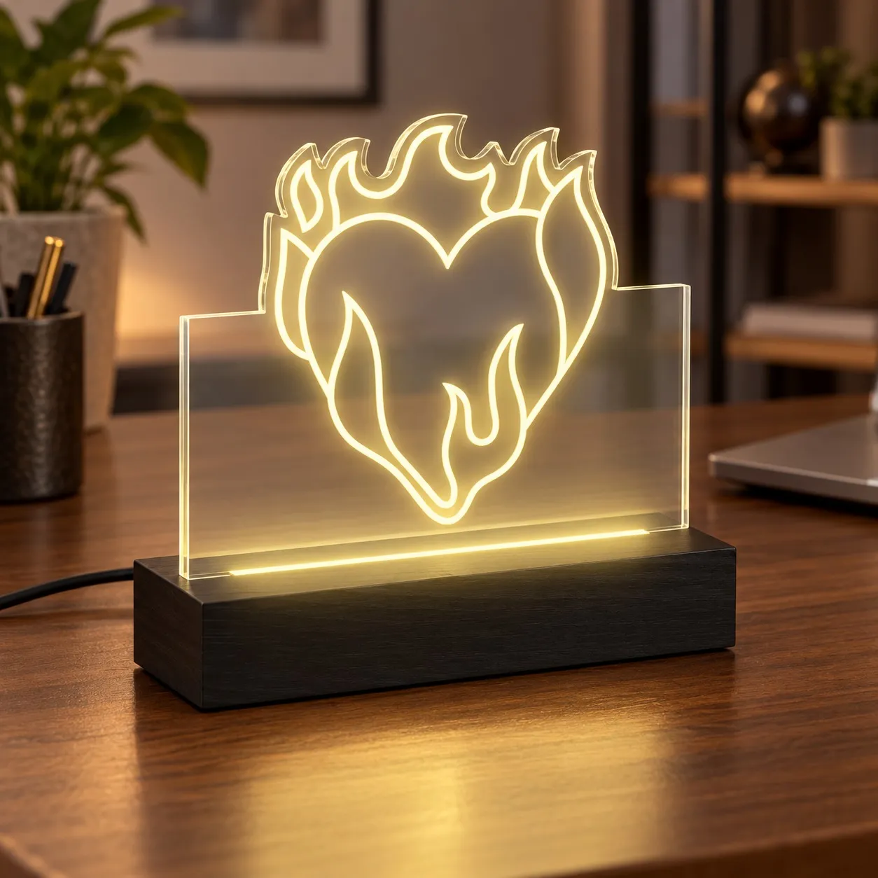 Burning Heart - Leuchtschild Graviert in Plexiglas auf Holzsockel