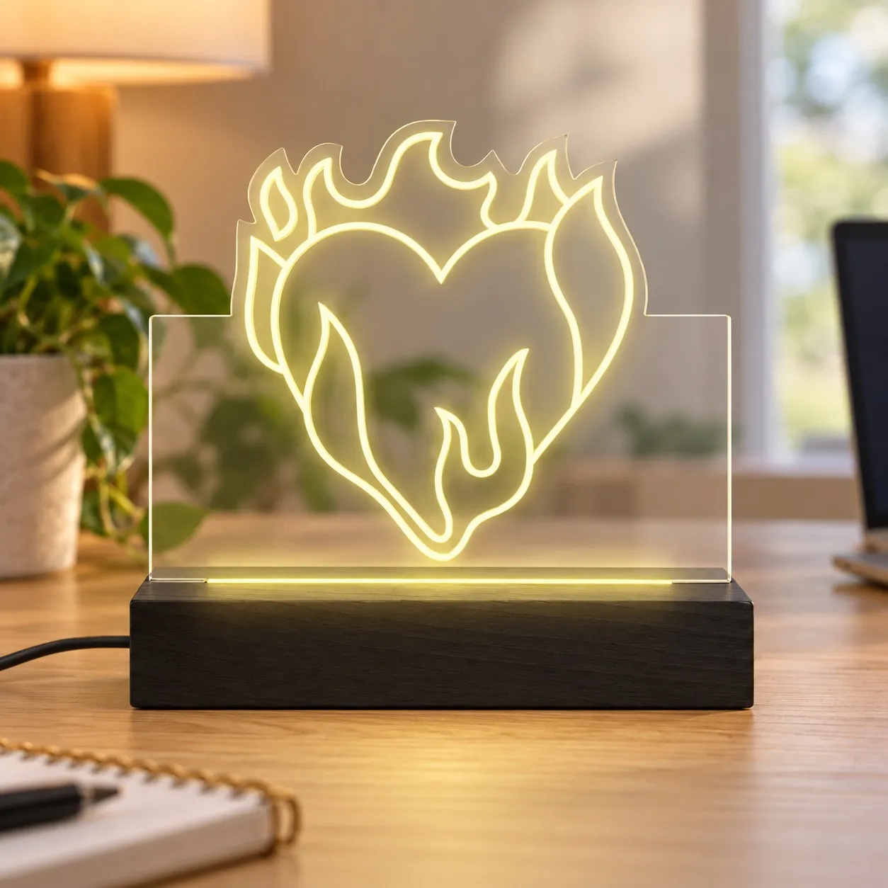 Burning Heart - Leuchtschild Graviert in Plexiglas auf Holzsockel