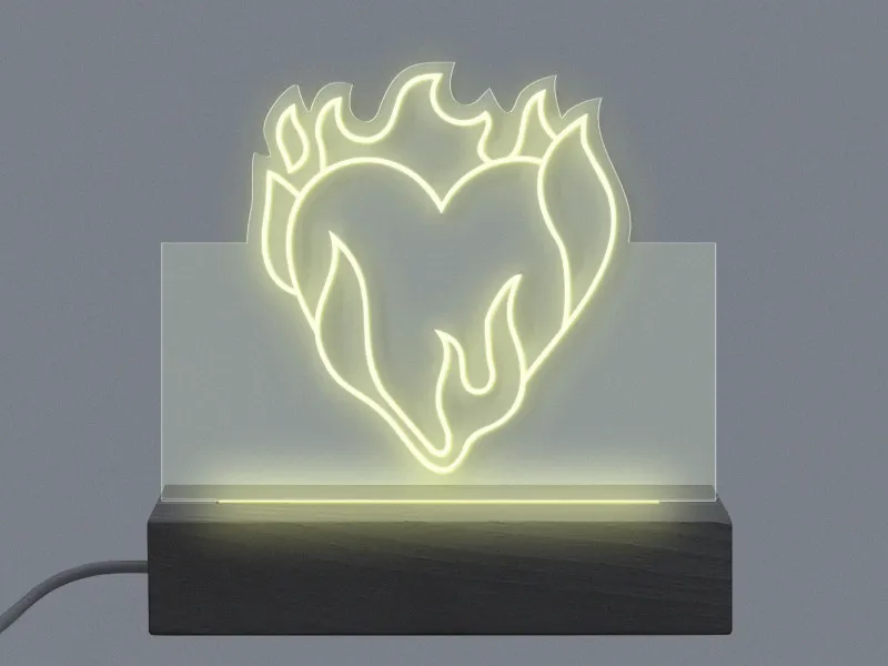 Burning Heart - Semn Luminos Gravat in Plexiglas pe Baza Lemn