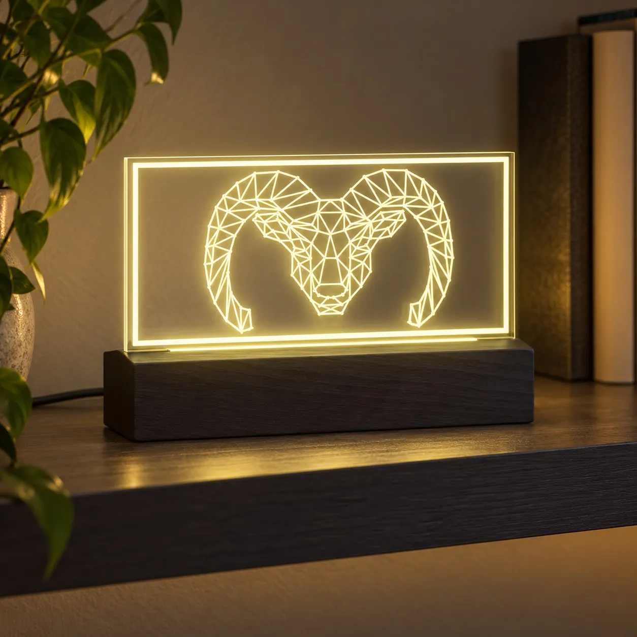 Goat - Enseigne Lumineuse Gravée en Plexiglas sur Base en Bois