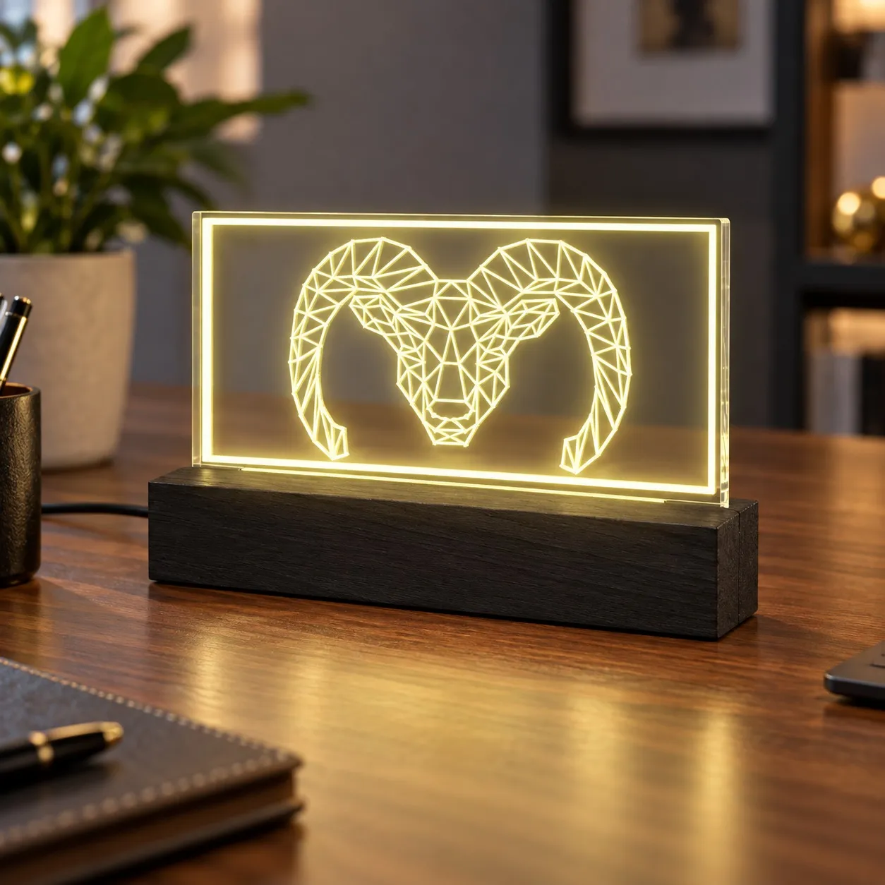 Goat - Graviertes Leuchtschild aus Plexiglas auf Holzbasis