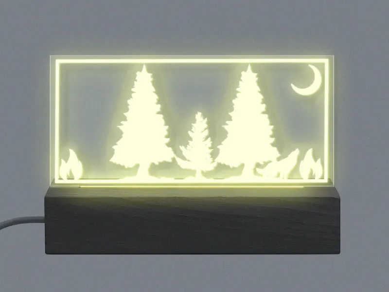 Forest - Semn Luminos Gravat in Plexiglas pe Baza Lemn