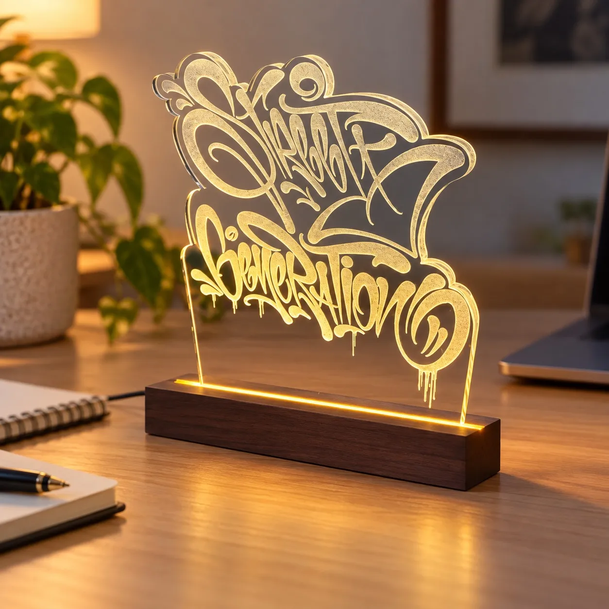 Street Generation - Graviertes Leuchtschild aus Plexiglas auf Holzbasis