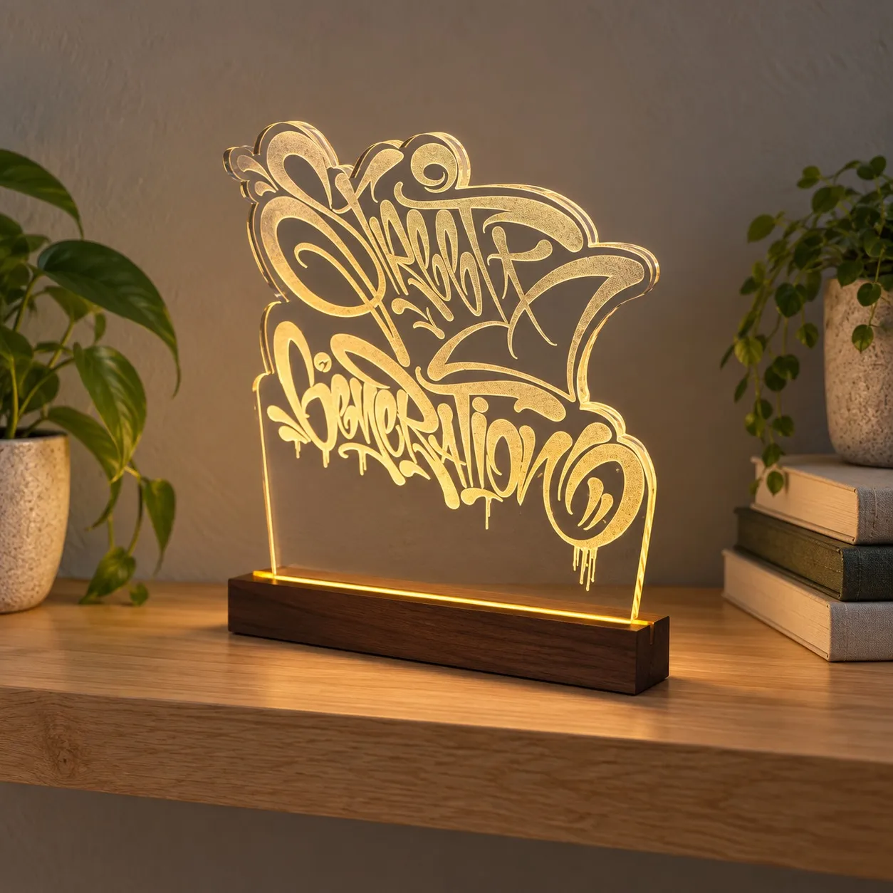 Street Generation - Graviertes Leuchtschild aus Plexiglas auf Holzbasis