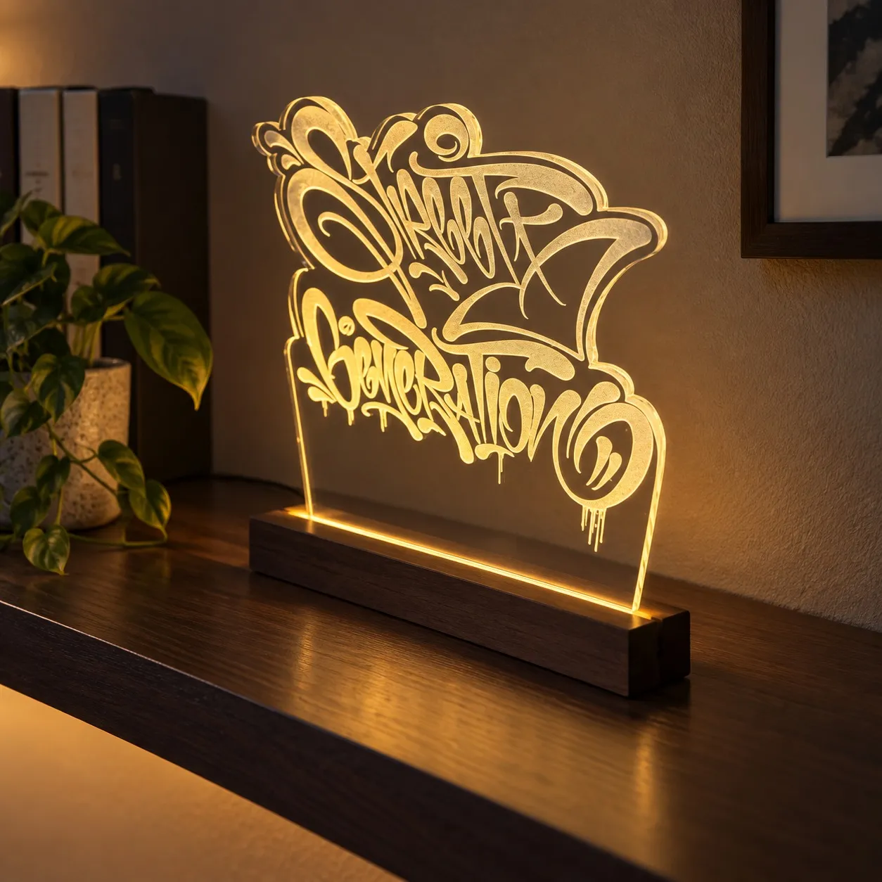 Street Generation - Graviertes Leuchtschild aus Plexiglas auf Holzbasis