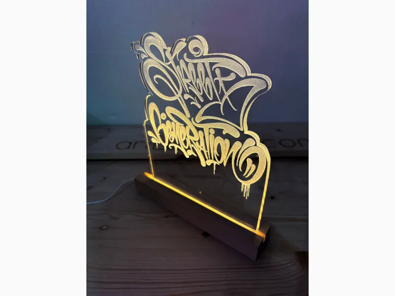 Street Generation - Semn Luminos Gravat in Plexiglas pe Baza Lemn