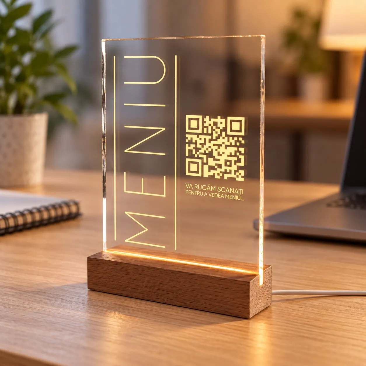 Menü mit QR-Code - Leuchtschild graviert in Plexiglas auf Holzbasis