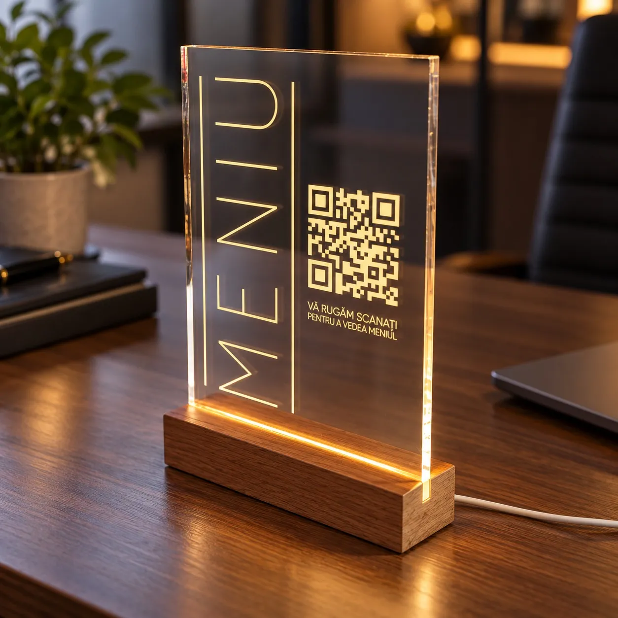 Menü mit QR-Code - Leuchtschild graviert in Plexiglas auf Holzbasis