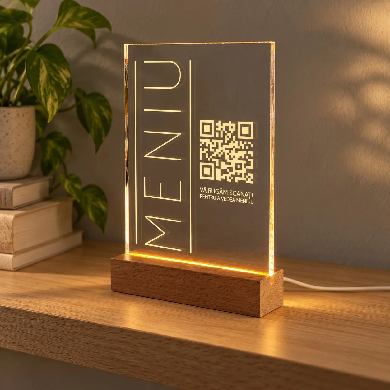 Menü mit QR-Code - Leuchtschild graviert in Plexiglas auf Holzbasis