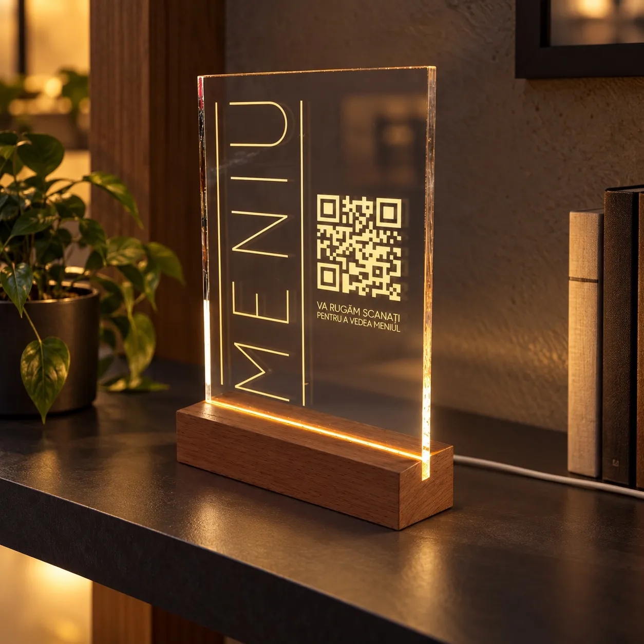 Menü mit QR-Code - Leuchtschild graviert in Plexiglas auf Holzbasis