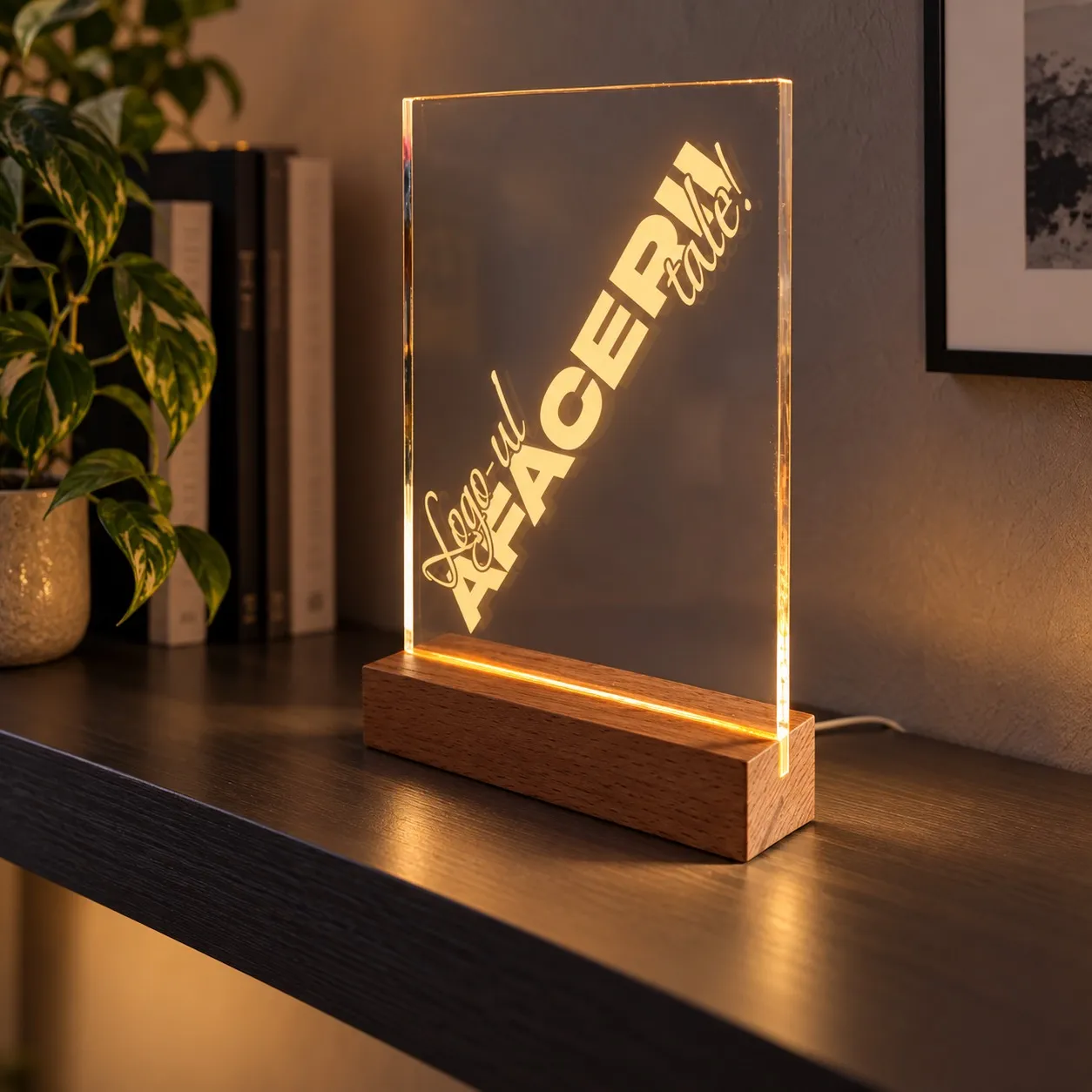 Ihr Geschäftslogo - Graviertes Leuchtschild aus Plexiglas auf Holzsockel