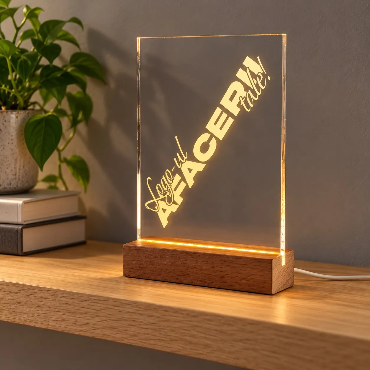 Ihr Geschäftslogo - Graviertes Leuchtschild aus Plexiglas auf Holzsockel