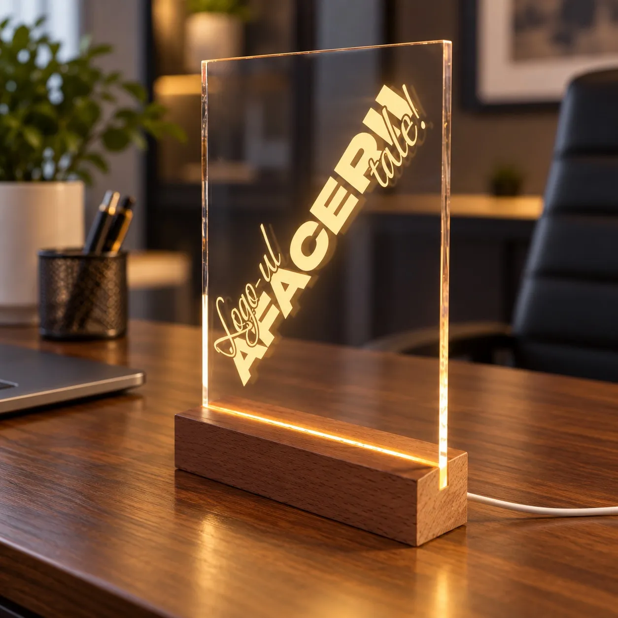 Ihr Geschäftslogo - Graviertes Leuchtschild aus Plexiglas auf Holzsockel