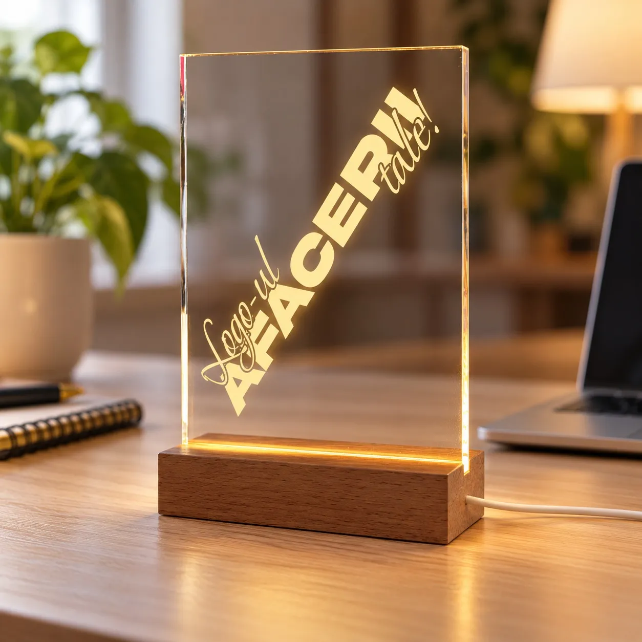 Ihr Geschäftslogo - Graviertes Leuchtschild aus Plexiglas auf Holzsockel