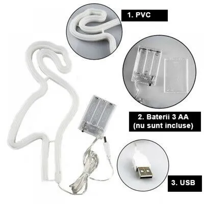Lampa LED Neon Flamingo, Lumina Calda, cu Baterii si USB
