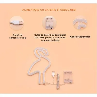 Lampa LED Neon Flamingo, Lumina Calda, cu Baterii si USB