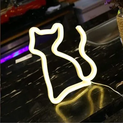 Lampa LED Neon Pisica, Lumina Calda, cu Baterii si USB