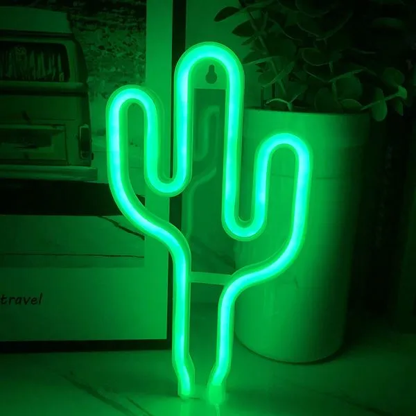 Lampa LED Neon Cactus, Lumina Verde, cu Baterii si USB