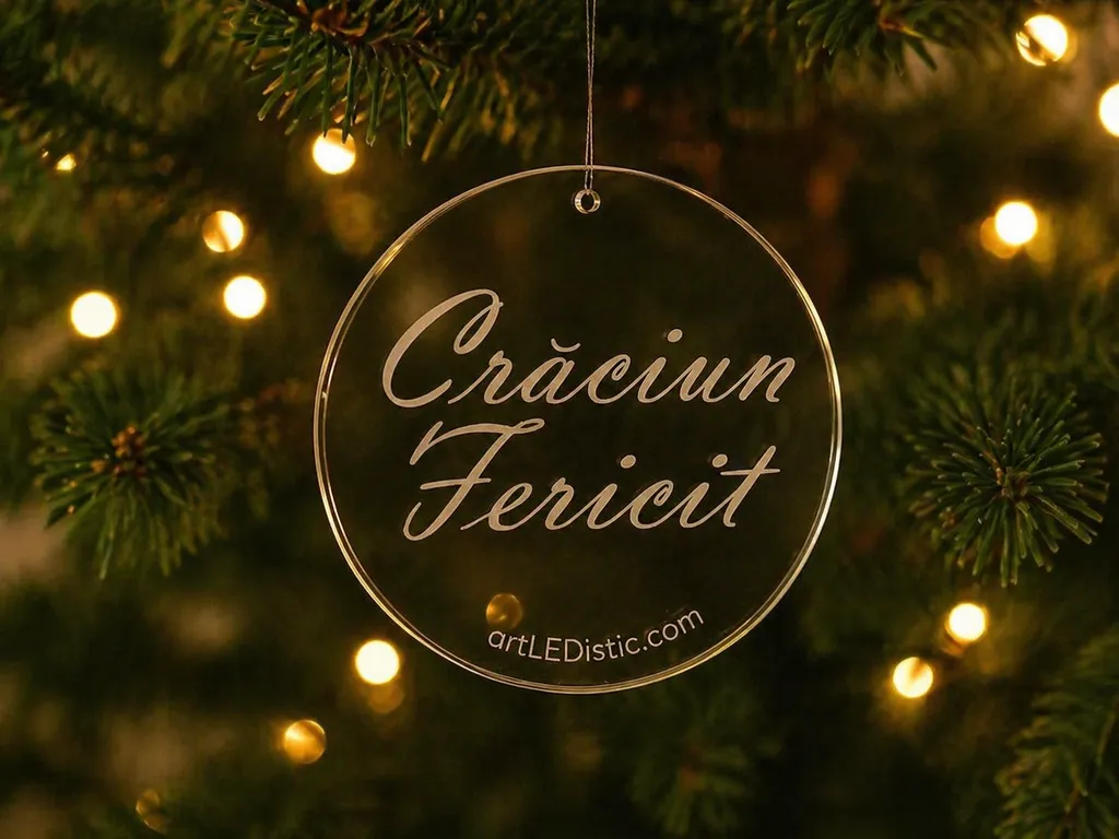 Glob din plexiglas gravat „Crăciun fericit!” – decor elegant pentru bradul de Crăciun