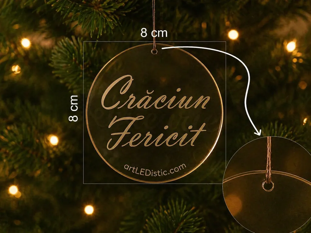 Glob din plexiglas gravat „Crăciun fericit!” – decor elegant pentru bradul de Crăciun