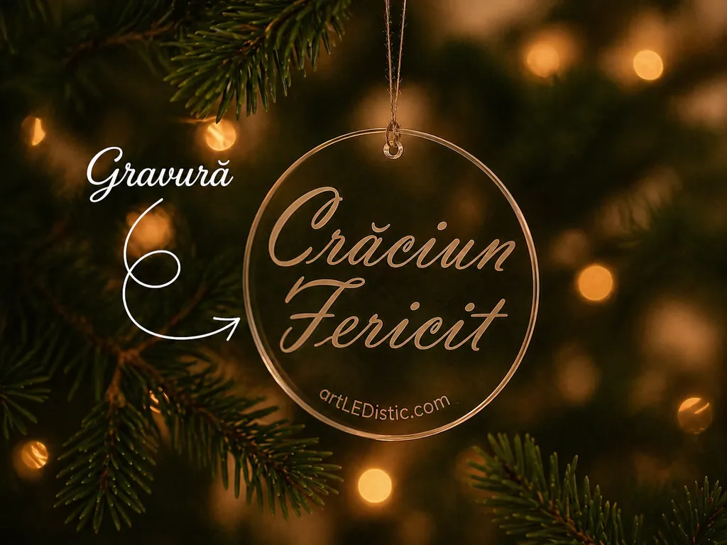 Glob din plexiglas gravat „Crăciun fericit!” – decor elegant pentru bradul de Crăciun