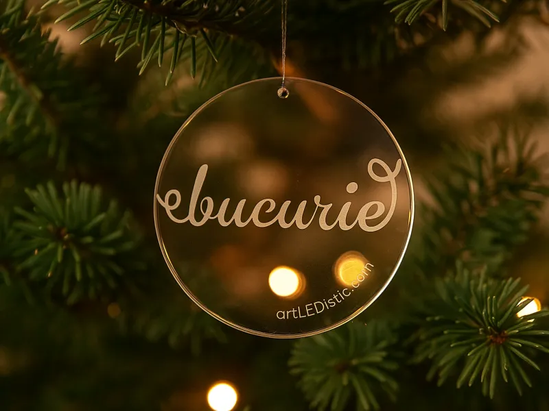 Glob din plexiglas gravat „Bucurie” – decor elegant pentru bradul de Crăciun