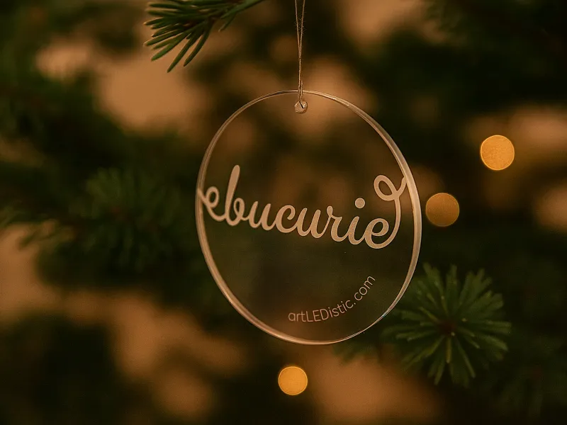 Glob din plexiglas gravat „Bucurie” – decor elegant pentru bradul de Crăciun