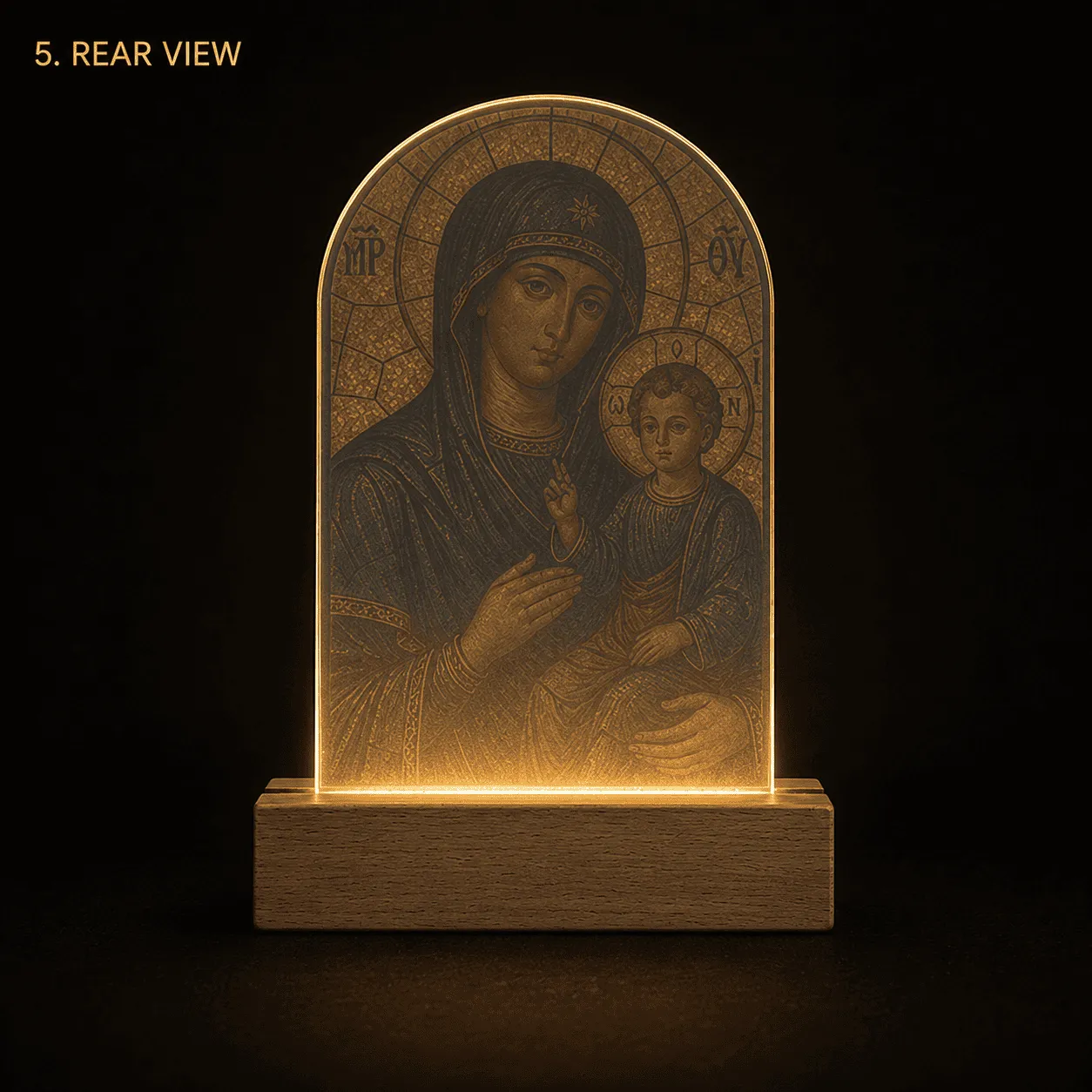 Icoană luminoasă, plexiglas imprimat și bază din lemn natur