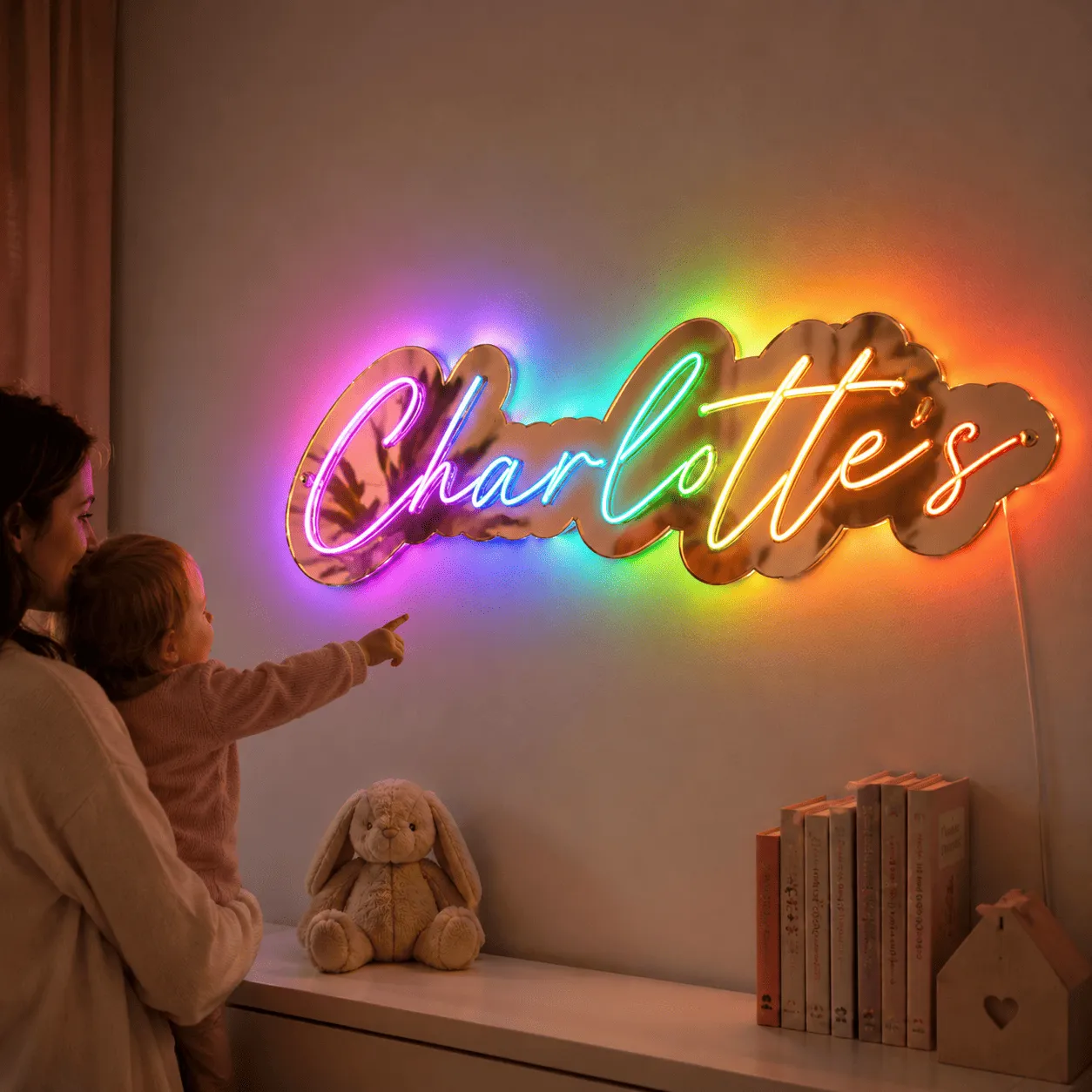 Semn luminos personalizat cu nume, plexiglas oglindă și iluminare RGB – 44 cm