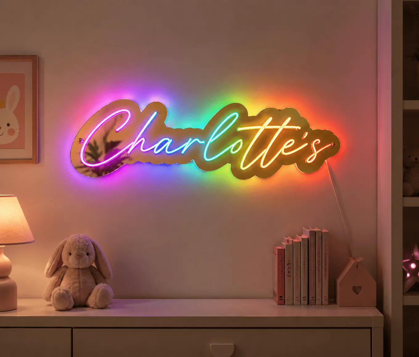 Semn luminos personalizat cu nume, plexiglas oglindă și iluminare RGB – 44 cm