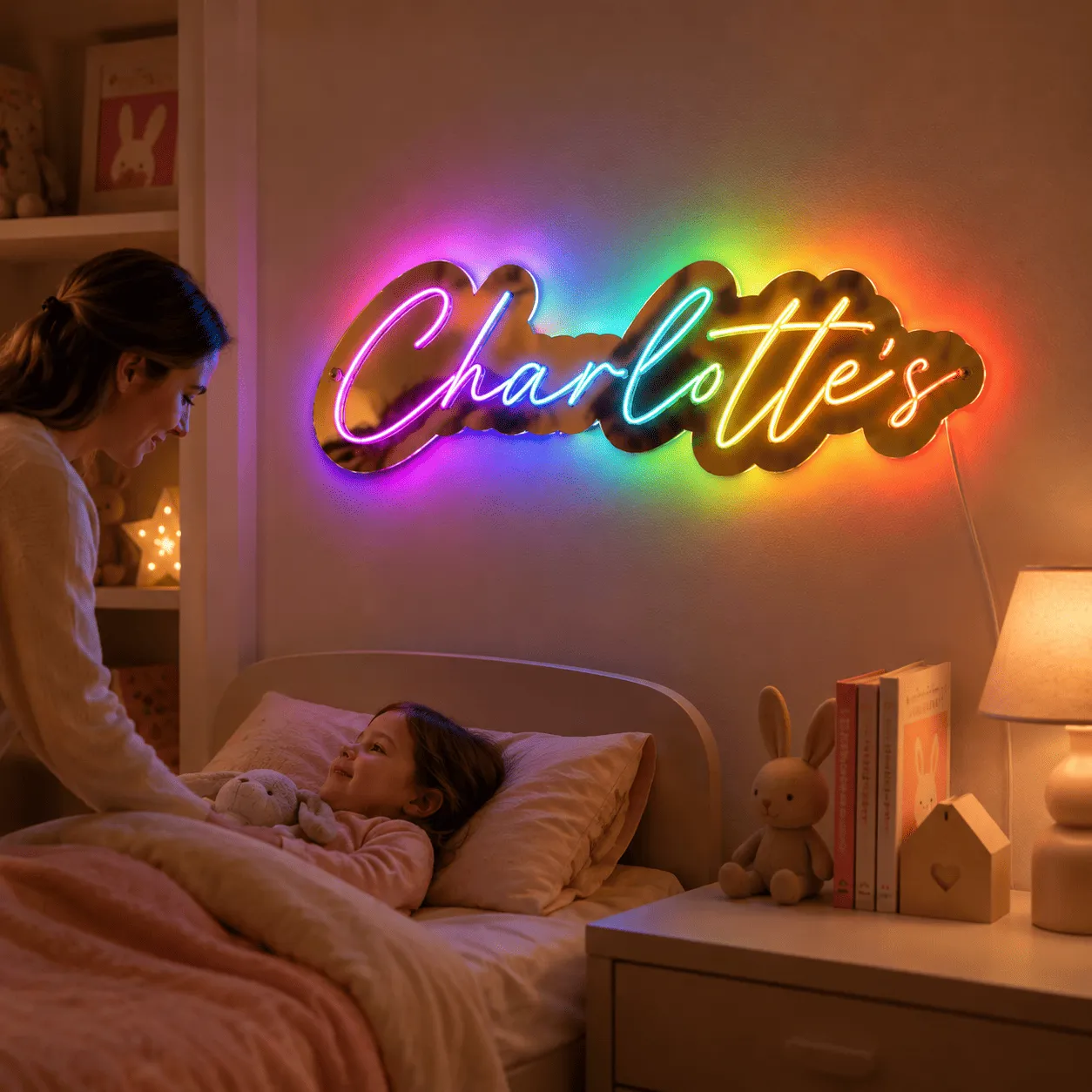 Semn luminos personalizat cu nume, plexiglas oglindă și iluminare RGB – 44 cm