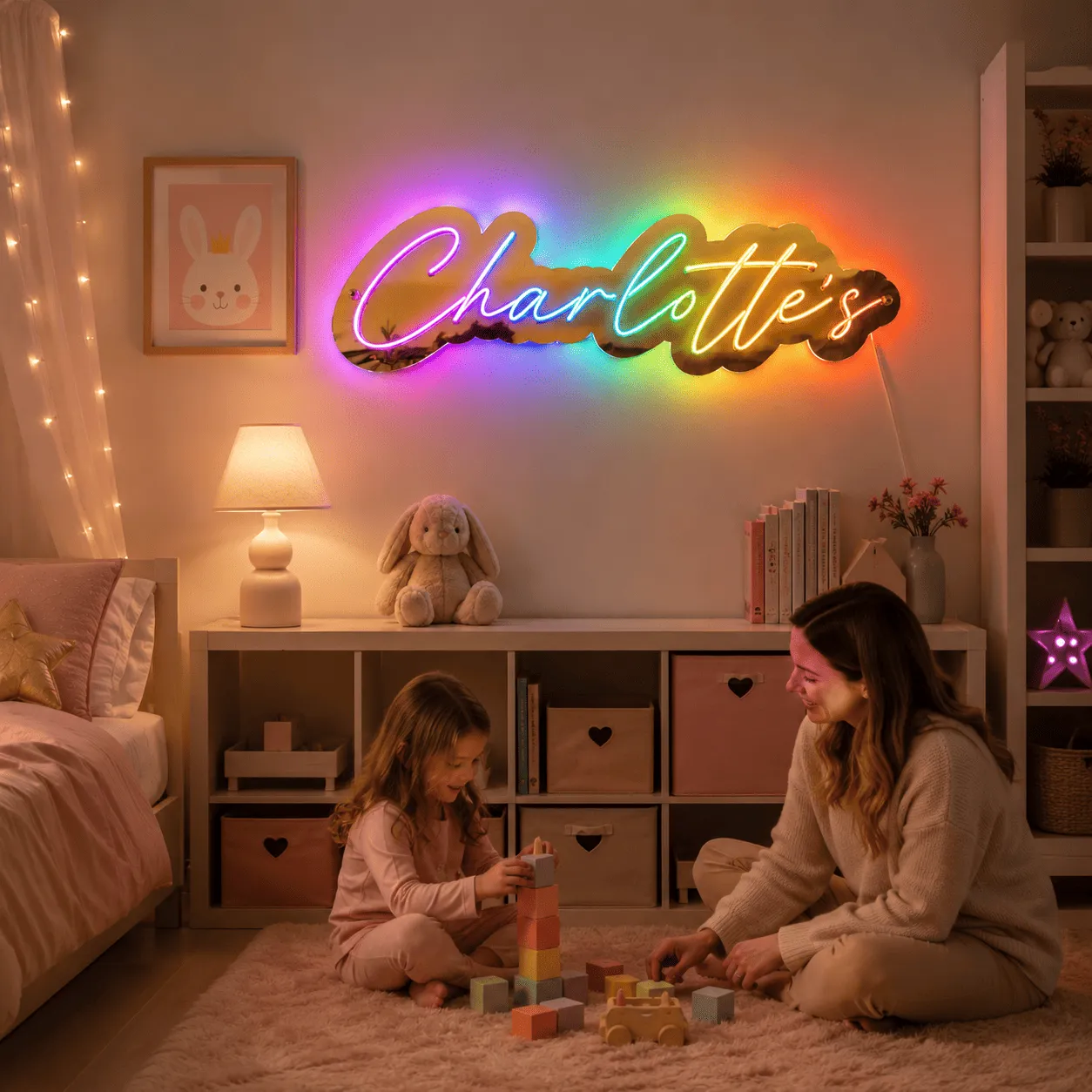 Semn luminos personalizat cu nume, plexiglas oglindă și iluminare RGB – 44 cm