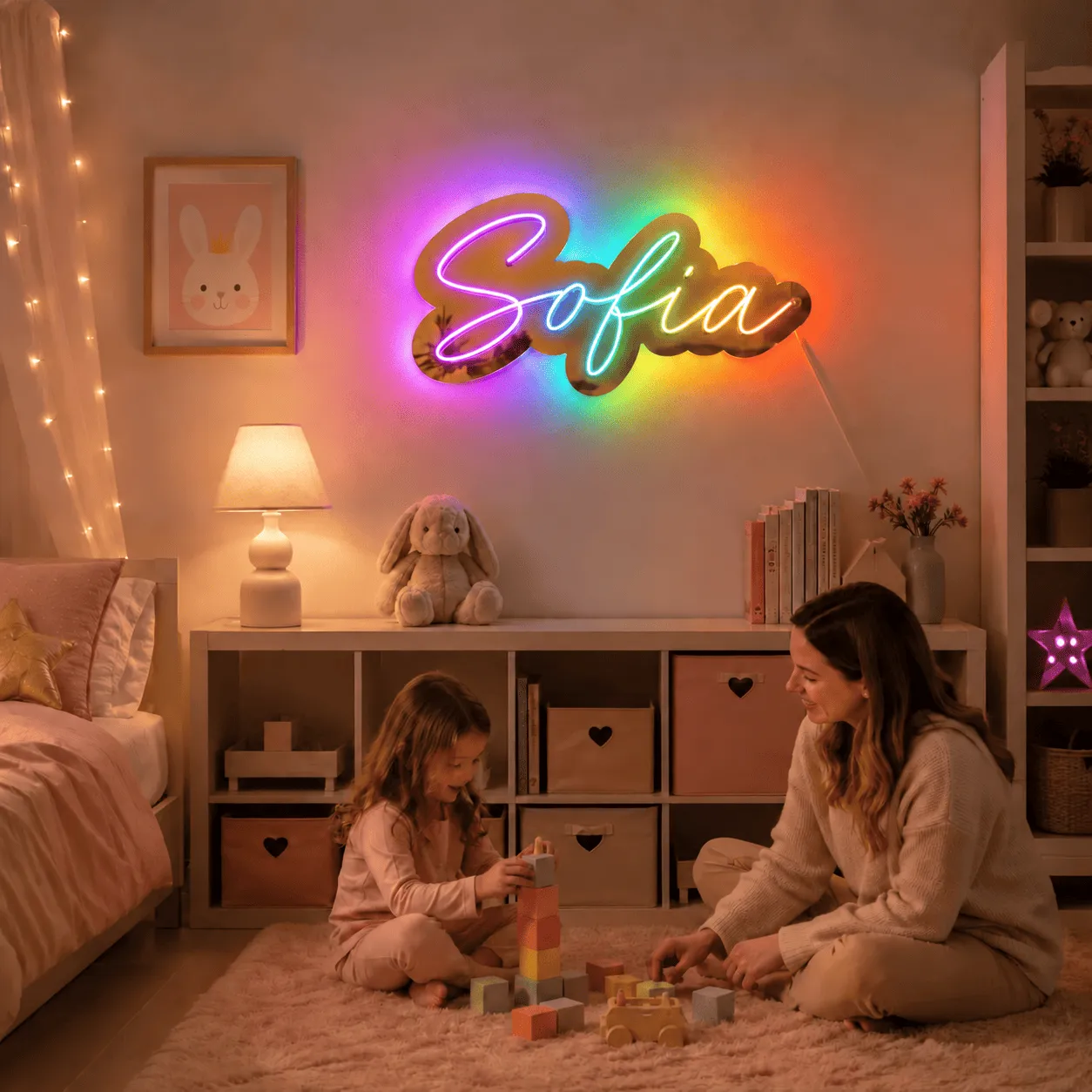 Insegna luminosa personalizzata con nome, plexiglass a specchio e illuminazione RGB – 44 cm