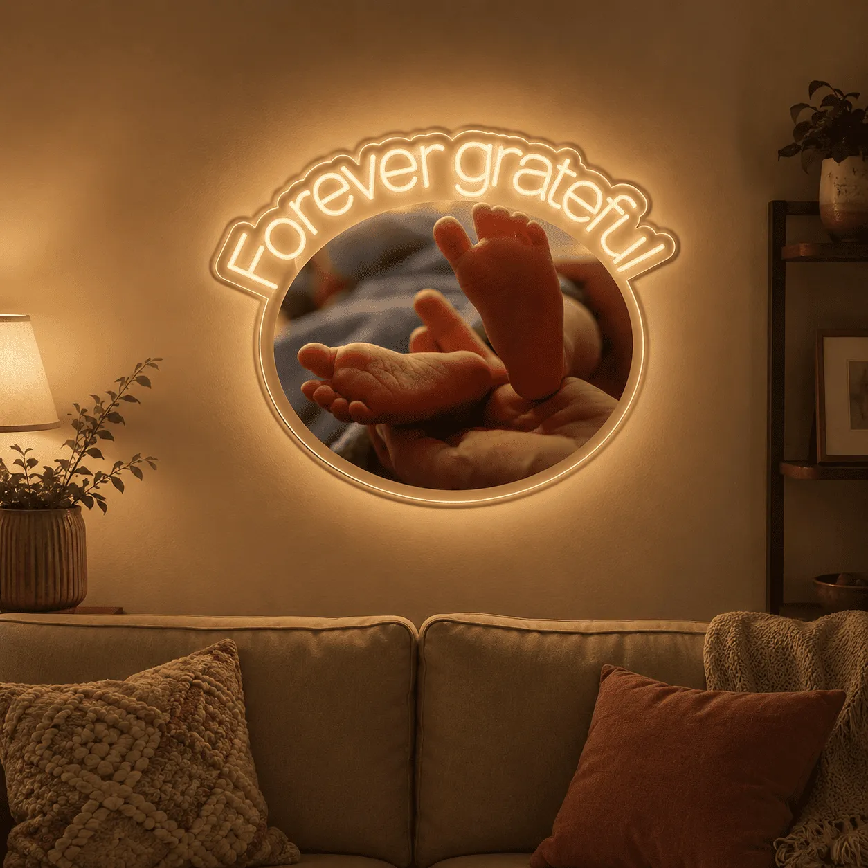 Tablou luminos personalizat cu fotografie și mesaj, plexiglas transparent, LED alb cald – 65 × 52 cm