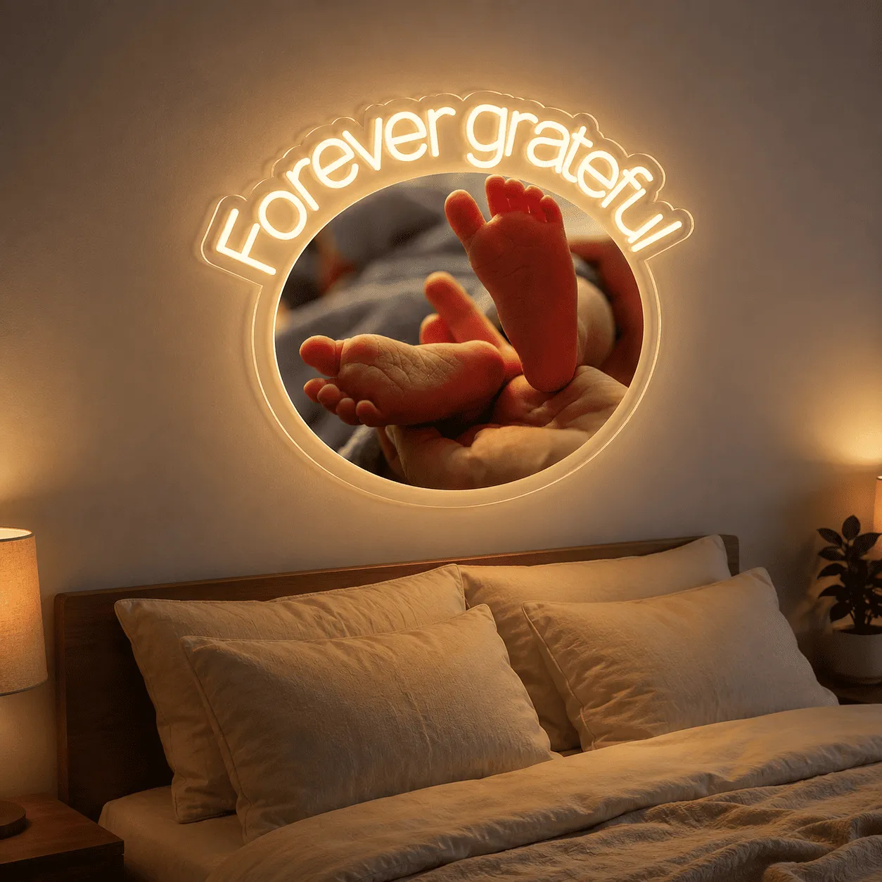 Tablou luminos personalizat cu fotografie și mesaj, plexiglas transparent, LED alb cald – 65 × 52 cm