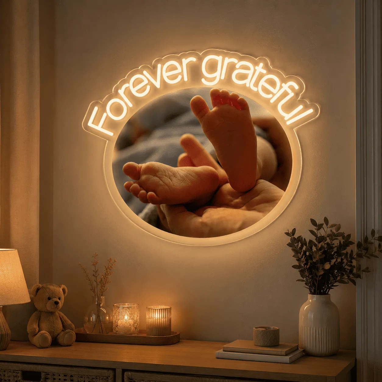 Tablou luminos personalizat cu fotografie și mesaj, plexiglas transparent, LED alb cald – 65 × 52 cm
