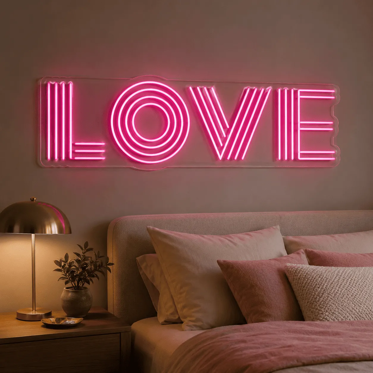 Semn luminos personalizabil „LOVE”, plexiglas transparent și LED roz – 80 × 24 cm