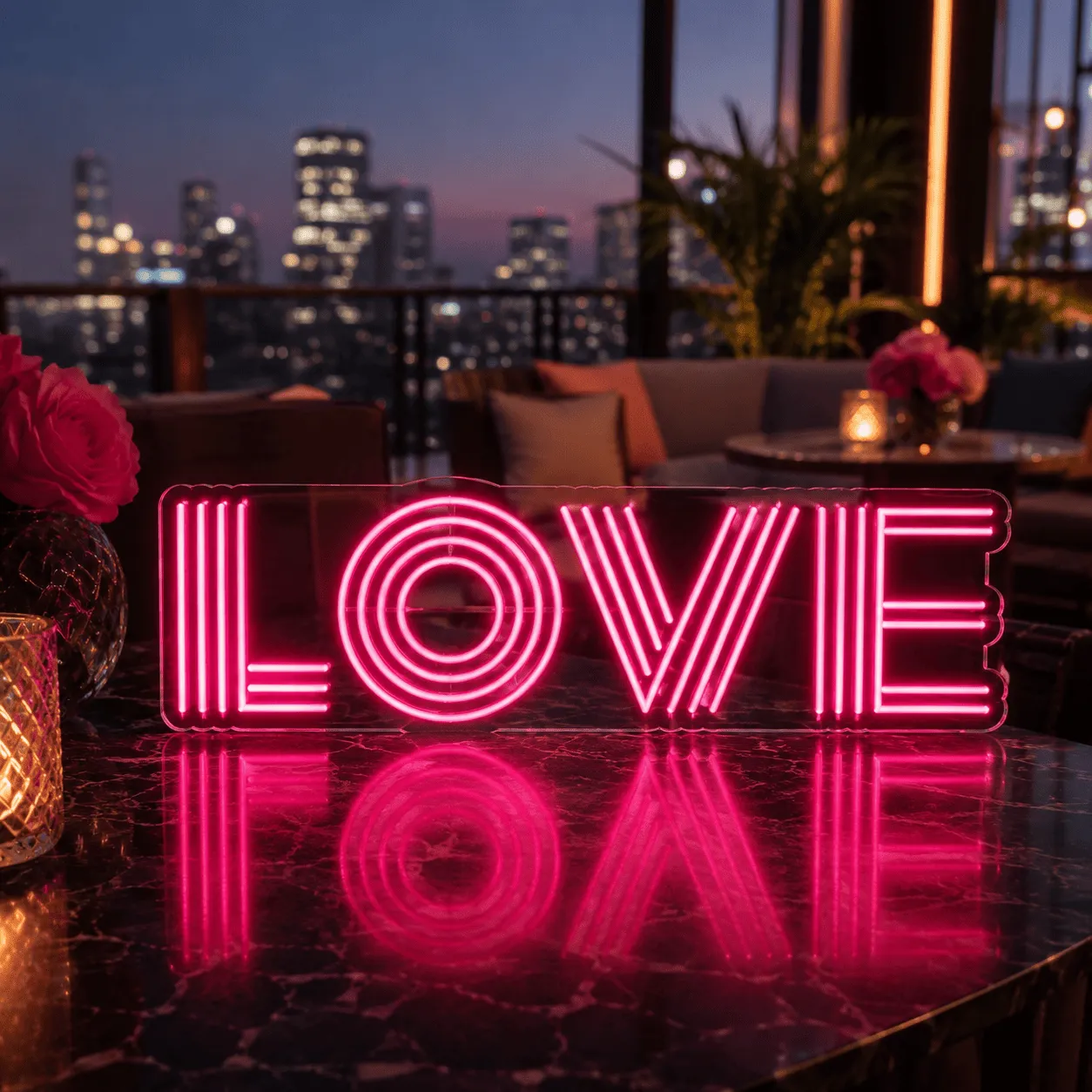 Semn luminos personalizabil „LOVE”, plexiglas transparent și LED roz – 80 × 24 cm